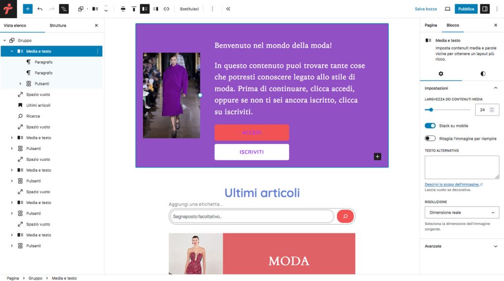 Esercizi per conoscere l'interfaccia di WordPress.